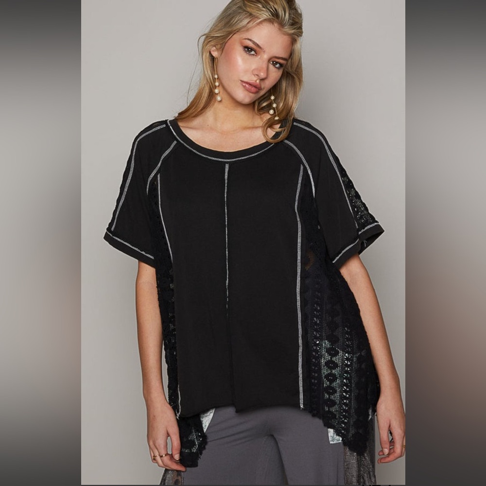 POL Black Short Sleeve Top with Lace Accents